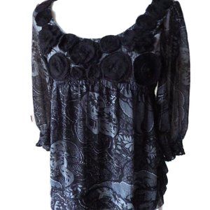 Dressy Layered Top by ICE/ Size S/ Black Rosettes/ Boho